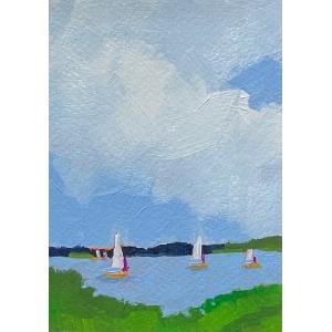 Close up of a 4x6 acrylic painting. Depicts 5 sailboats, with 2 in the far distance, on a river. There is greenery in the foreground and background. The water is blue. The sky is blue and white.