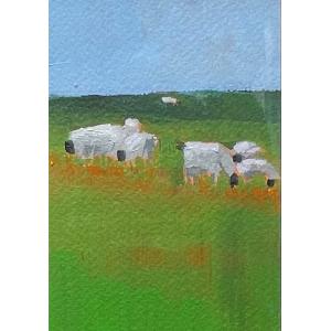 Close up of a 4x6 acrylic painting. Depicts 7 grazing sheep in a green and brown field. The sky is blue.