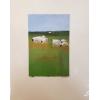 Mounted 4x6 acrylic painting. Depicts 7 grazing sheep in a green and brown field. The sky is blue.