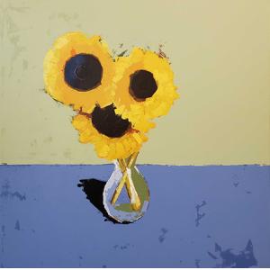 A 36 by 36 inch acrylic painting on board. Depicts 3 sunflowers in a glass vase, placed slightly left of center. There is a deep black shadow behind the vase. The table is blue. The background is a light greenish yellow.