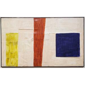 Large abstract mixed media art piece. Off-white background, with a yellow rectangle on the left, a red rectangle in the center, and a blue square on the right. The frame is thin and black.
