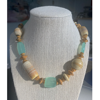 Blue and Gold Beaded Necklace: Handmade Beads with Pacific Opal by Kathy Gelfand