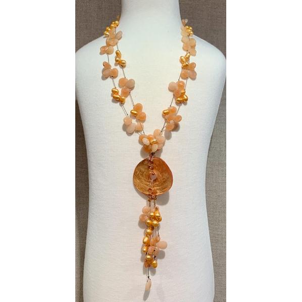 Orange Pendant with Freshwater Pearls and Quartz Necklace by Kathy Gelfand