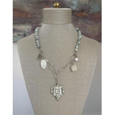 Silver Long Beaded Charm Necklace by Kathy Gelfand