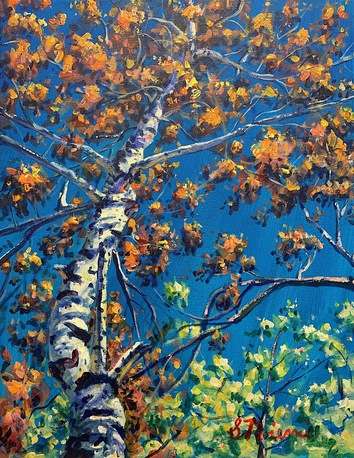 ScottNiemi_Backyard Birch_Acrylic on canvas framed_18x14