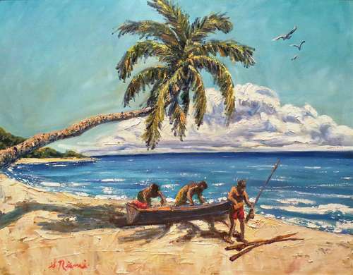 ScottNiemi_FishermenOnTheBeach_OilOnCanvas framed_22x28