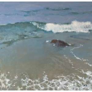 Flo by Kate Huntington, a 26" by 28" oil painting on canvas. A serene seascape painting shows gentle ocean waves with soft white foam, a visible rock, and muted blue and green tones.