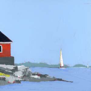 Coming In by Ruth LaGue, a 10" by 10" acrylic painting. A serene painting of a red house with a black roof by the sea, rocky shore in the foreground, and a sailboat on calm blue waters under a clear sky.