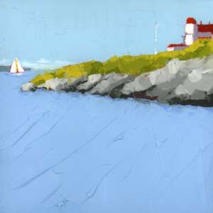 Rocky Shore by Ruth LaGue, a 10" by 10" acrylic painting. A serene seascape painting depicts a lighthouse with a red roof perched on a rocky cliff, overlooking a vast blue ocean. A small sailboat is visible on the horizon.
