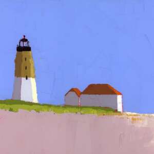 Shoreline by Ruth LaGue, a 10" by 10" acrylic painting. A simplistic painting of a lighthouse and two buildings with red roofs on a grassy hill, set against a clear blue sky, conveying serenity.