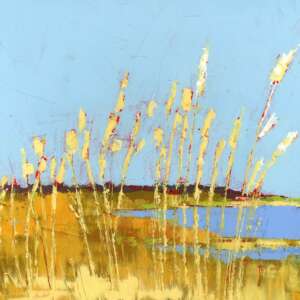 Wind by Ruth LaGue, a 10" by 10" acrylic painting. Impressionistic landscape painting shows tall yellow grasses against a bright blue sky, with a small blue pond and distant horizon.