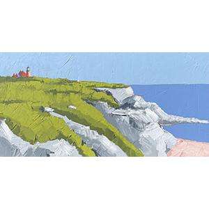 The Point by Ruth LaGue, a 15" by 30" acrylic painting. Painting of a coastal landscape with green cliffs and white rock formations. A small red building is visible atop the cliffs under a clear blue sky.