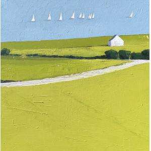 Direction by Ruth LaGue, a 36" by 36" acrylic painting. Bright, abstract painting of a green landscape with a white path and a distant farmhouse. White sailboats dot the vivid blue sky, evoking calmness.