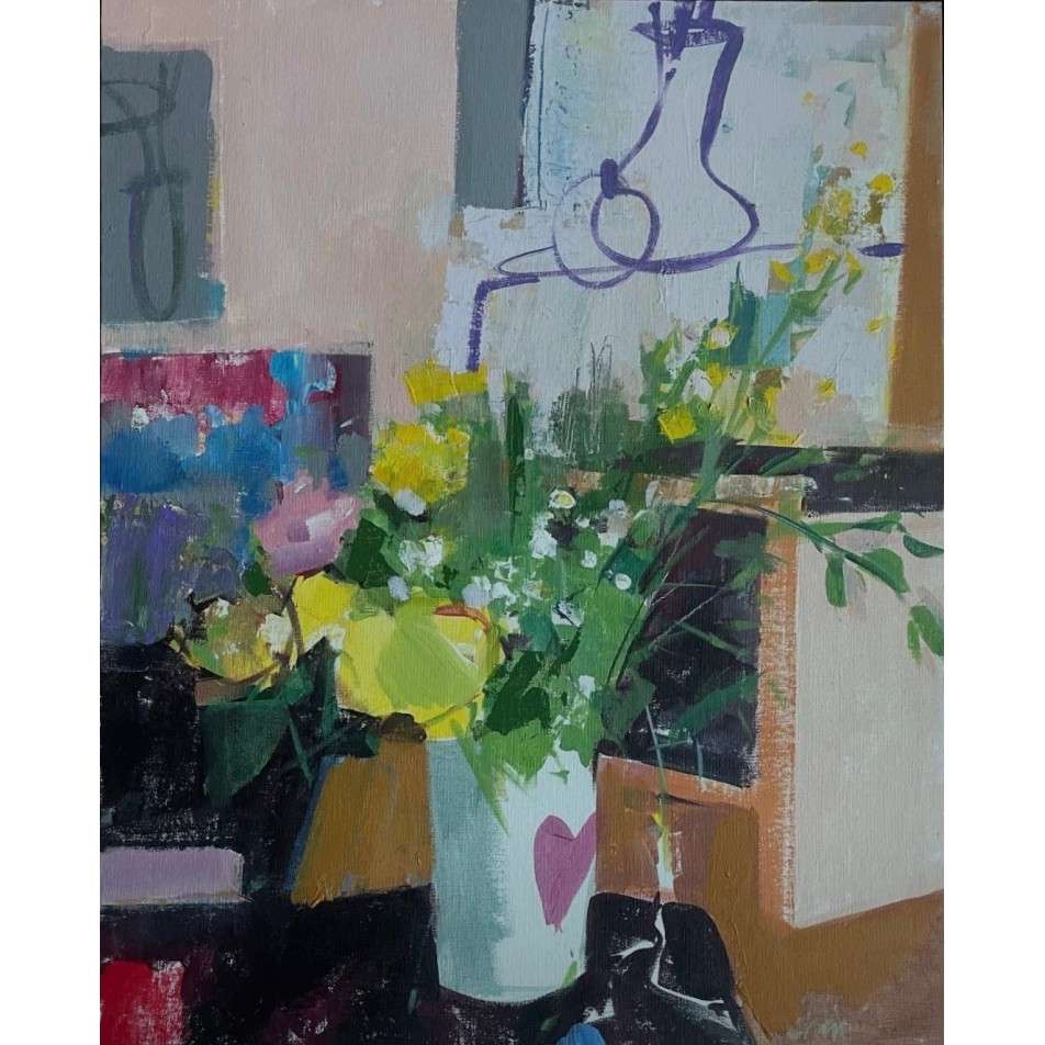 A vibrant abstract painting featuring a vase with yellow flowers and greenery. Bold brushstrokes create a colorful, dynamic background, evoking a lively mood. The vase has a pink heart, adding warmth and affection to the scene.
