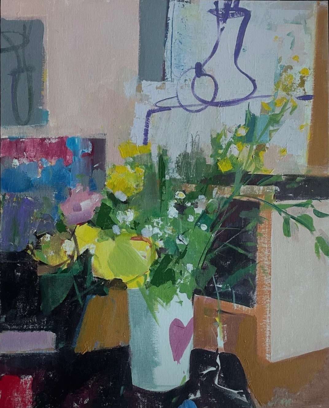 A vibrant abstract painting featuring a vase with yellow flowers and greenery. Bold brushstrokes create a colorful, dynamic background, evoking a lively mood. The vase has a pink heart, adding warmth and affection to the scene.