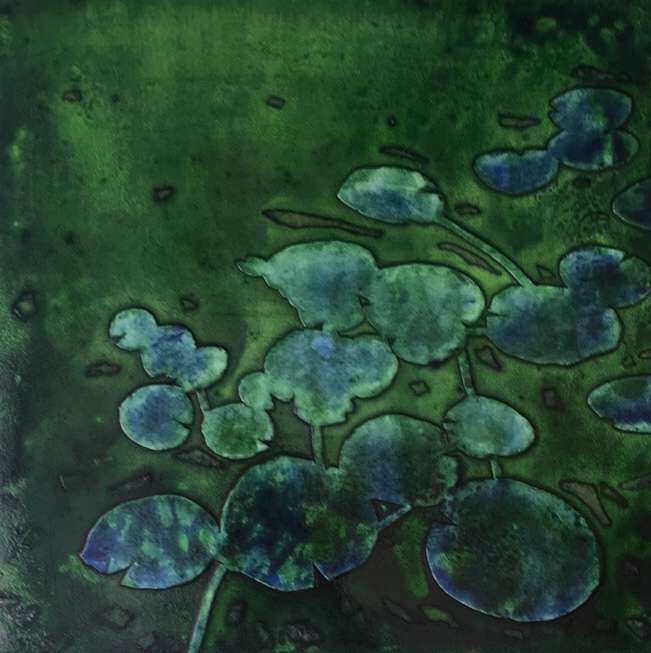A green abstract painting featuring round, overlapping leaf shapes with a textured background, conveying a calm, natural, and organic atmosphere.