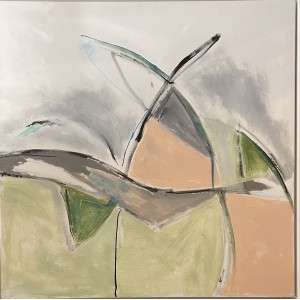 Bowtie by Beth Barry, a 30" by 30" acrylic painting. Abstract painting with soft pastel colors, including green, beige, and gray brushstrokes. Dynamic, intersecting lines create a sense of movement.