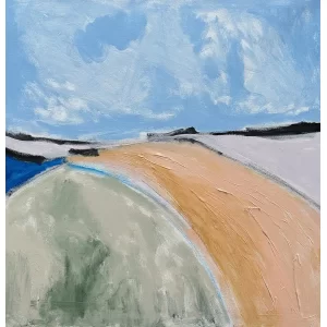 Bright Light by Beth Barry, a 24" by 24" acrylic painting. Abstract landscape painting with a curved path in orange and beige, surrounded by soft green and blue areas under a sky with wispy clouds. Serene mood.