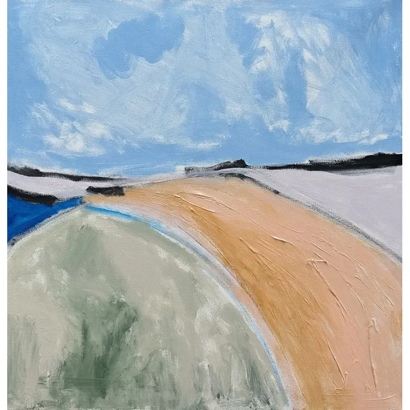 Bright Light by Beth Barry, a 24" by 24" acrylic painting. Abstract landscape painting with a curved path in orange and beige, surrounded by soft green and blue areas under a sky with wispy clouds. Serene mood.