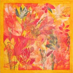 Mellow Yellow by Jeanne Borofsky, a 18" by 18" encaustic. Abstract artwork featuring a collage of vibrant leaves in red, orange, and yellow hues, framed by a yellow border, conveying a warm, autumnal feel.