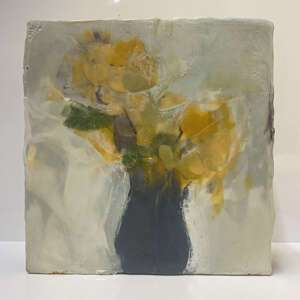 Just Because by Kellie Weeks, a 6" by 6" encaustic painting. Abstract painting of yellow flowers in a dark vase against a soft, muted gray background.