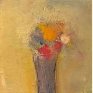 Large Bouquet by Kellie Weeks, a 12" by 12" oil painting. Abstract painting of a vase with flowers, featuring soft, muted colors.