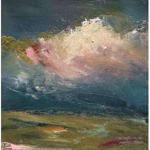 Pink Clouds by Kellie Weeks, a 8" by 8" oil painting. Abstract painting of a stormy sky with textured, swirling clouds in pink, green, and white.
