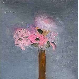 Pink by Kellie Weeks, a 6" by 6" oil painting. Abstract painting of a brown vase with pink and beige flowers against a textured gray background.
