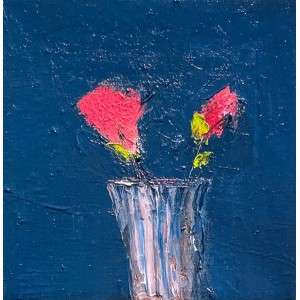 Textured painting of two stylized pink flowers with yellow-green leaves in a blue vase against a dark blue background.
