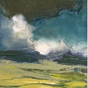 Storm Chaser by Kellie Weeks, a 8" by 8" oil painting. Abstract landscape painting with a stormy sky, featuring dark blue and grey clouds over a textured green and yellow field. It conveys a moody, dramatic atmosphere.