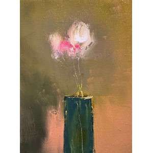 Abstract painting of a large dark green vase on a textured brown background. Inside the vase are delicate, blurry flowers in soft pink and white tones.