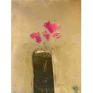 A textured painting depicts bright pink flowers in a black vase against a beige background. The flowers' vibrant hue contrasts with the muted, earthy tones, creating a serene yet striking composition.