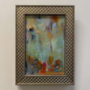 Note to Self by Marli Thibodeau, a 7" by 5" acrylic painting. Abstract painting with a mix of green, blue, orange, and red brushstrokes, set in an ornate gold frame with a lattice pattern.