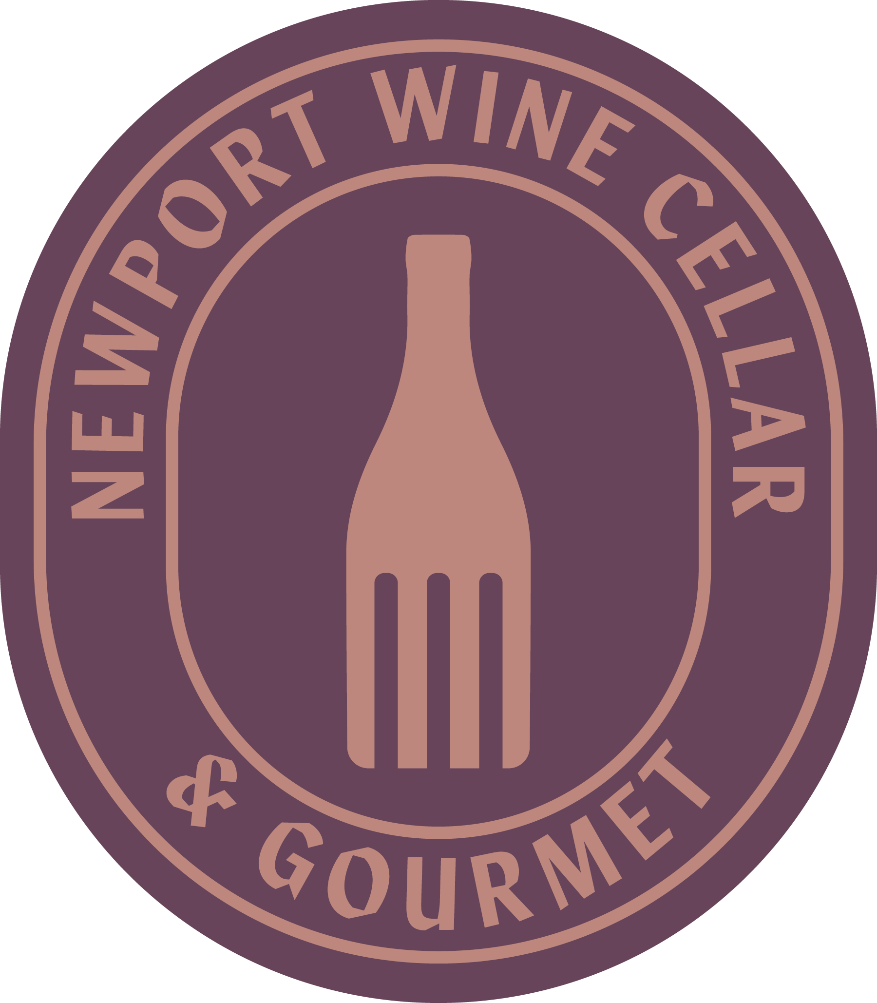 Brown and purple circular logo for "Newport Wine Cellar & Gourmet," featuring a wine bottle fork symbol, conveying elegance and culinary sophistication.