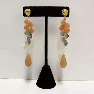 Peach, White and Gray Moonstone Earrings, 18k Gold Plated Post