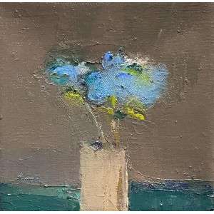 Garden Bouquet by Kellie Weeks, a 6" by 6" oil painting. A textured painting of a tall vase with blue flowers and green leaves against a muted brown background. The style conveys an impressionistic, serene mood.