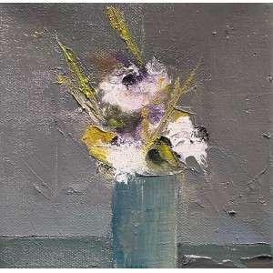 Romantic Dinner by Kellie Weeks, a 6" by 6" oil painting. A textured painting depicts a bouquet of white and purple flowers with green stems in a blue vase on a gray background, conveying a serene mood.