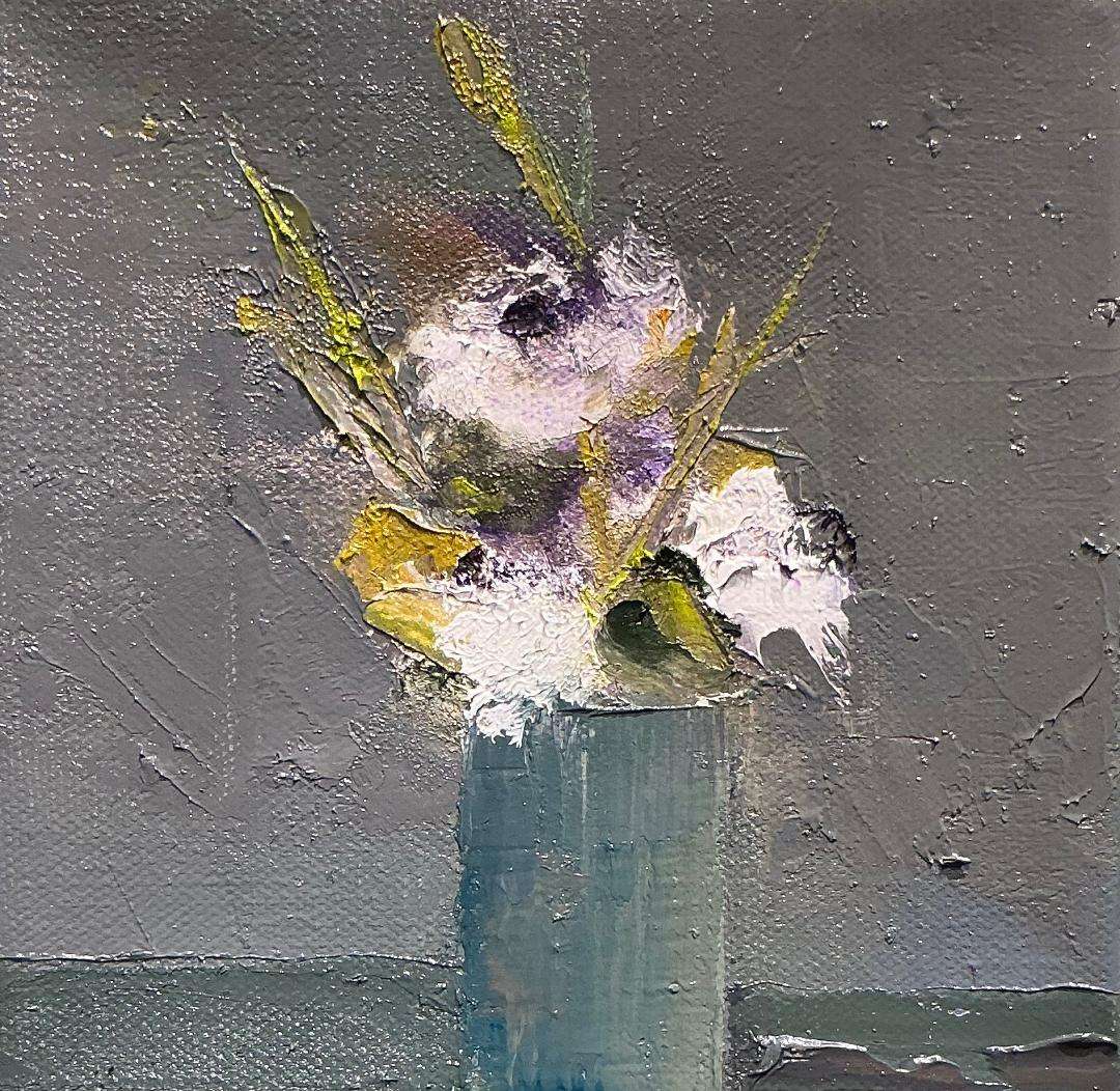 Romantic Dinner by Kellie Weeks, a 6" by 6" oil painting. A textured painting depicts a bouquet of white and purple flowers with green stems in a blue vase on a gray background, conveying a serene mood.