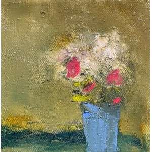 Summer Bouquet by Kellie Weeks, a 6" by 6" encaustic piece of artwork. Abstract painting of a blue vase holding red and white flowers against a textured, muted green background. The colors blend softly, creating a serene tone.
