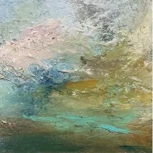 Blue Skies by
  Kellie Weeks, an 8 by 8 inch oil and cold wax painting.